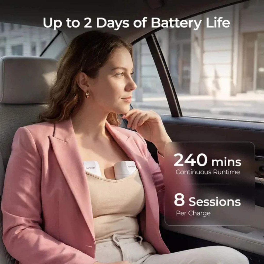 Wearable electric breast pump in white worn by a woman in a car
