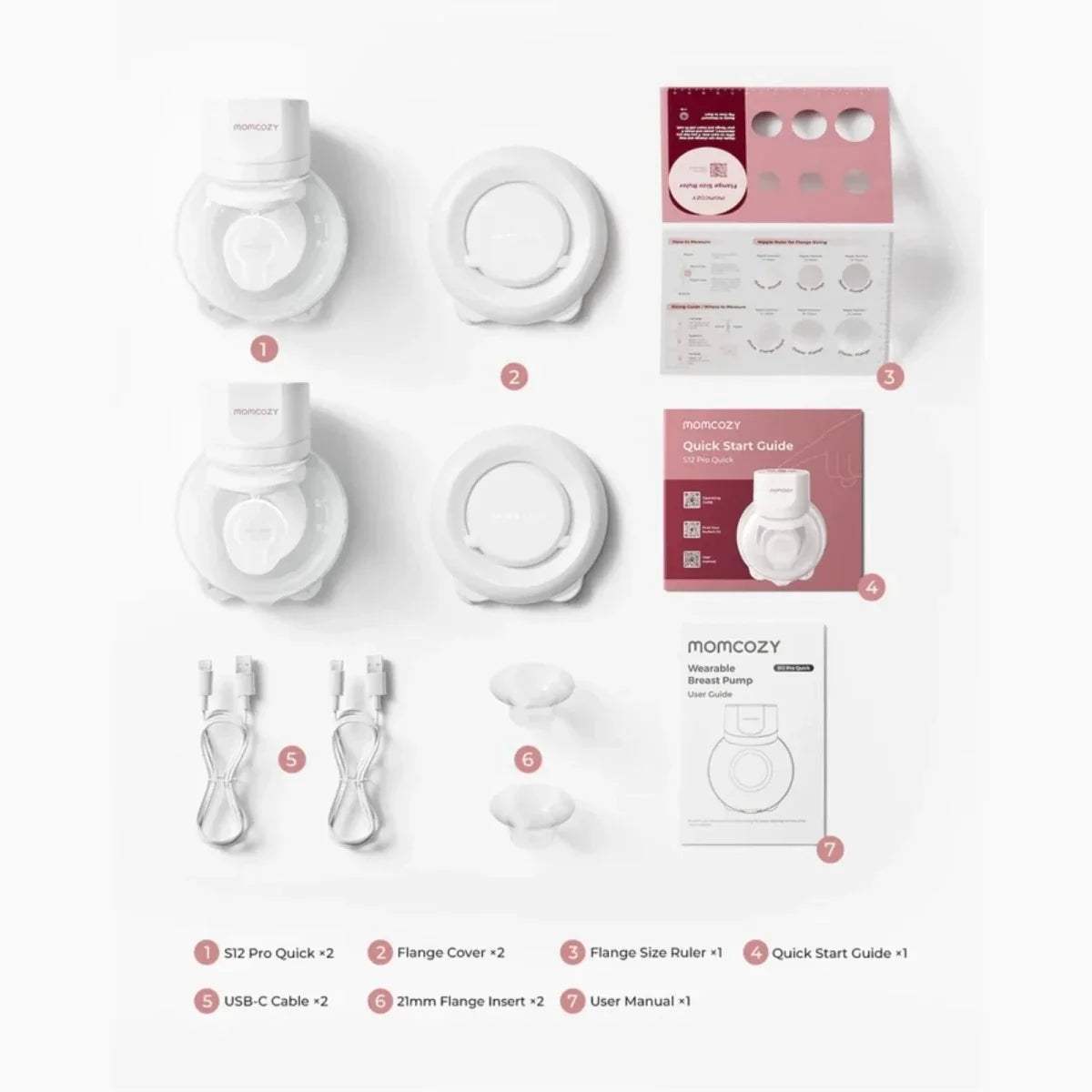 White wearable electric breast pump kit with cups, tubing, and guides laid out