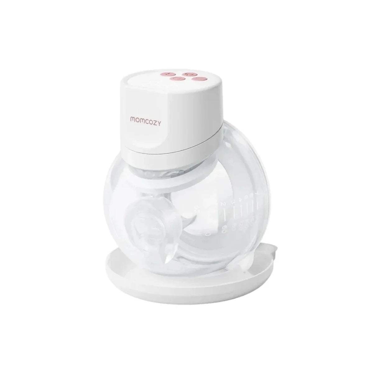 White wearable electric breast pump with clear collection cup and soft silicone flange