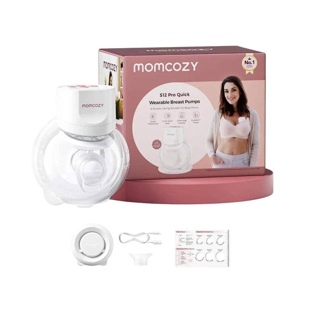 White Momcozy wearable electric breast pump with included parts and storage box