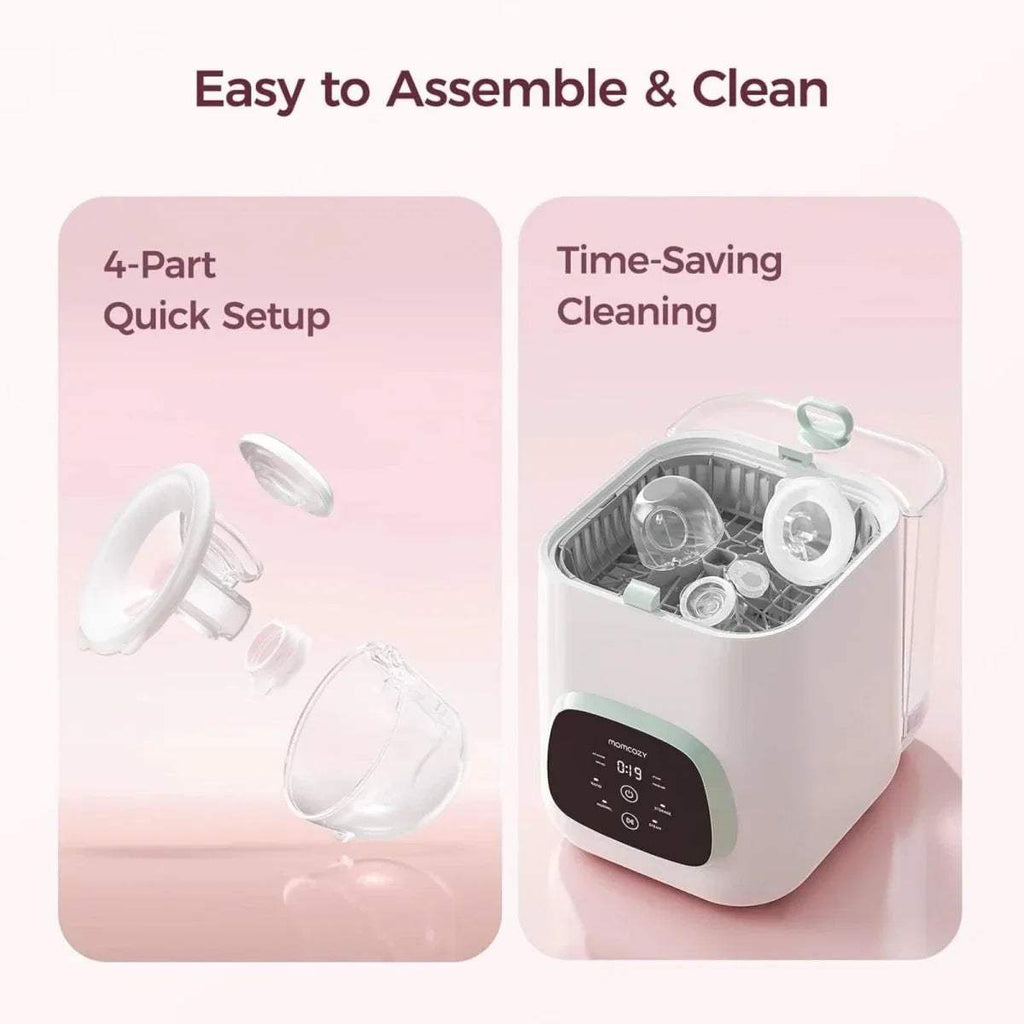 White wearable electric breast pump kit with detachable parts and cleaning container