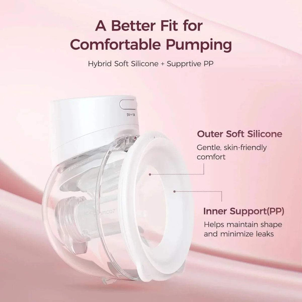 White wearable electric breast pump with soft silicone cushion and inner support seal