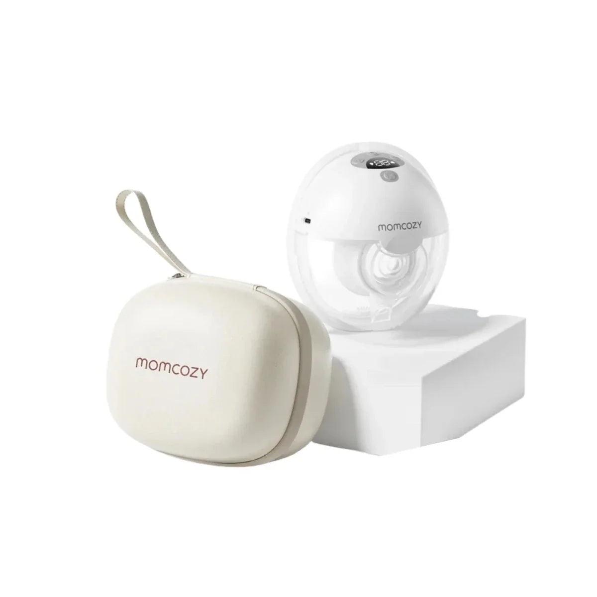 Grey wearable electric breast pump with breast shields and base unit