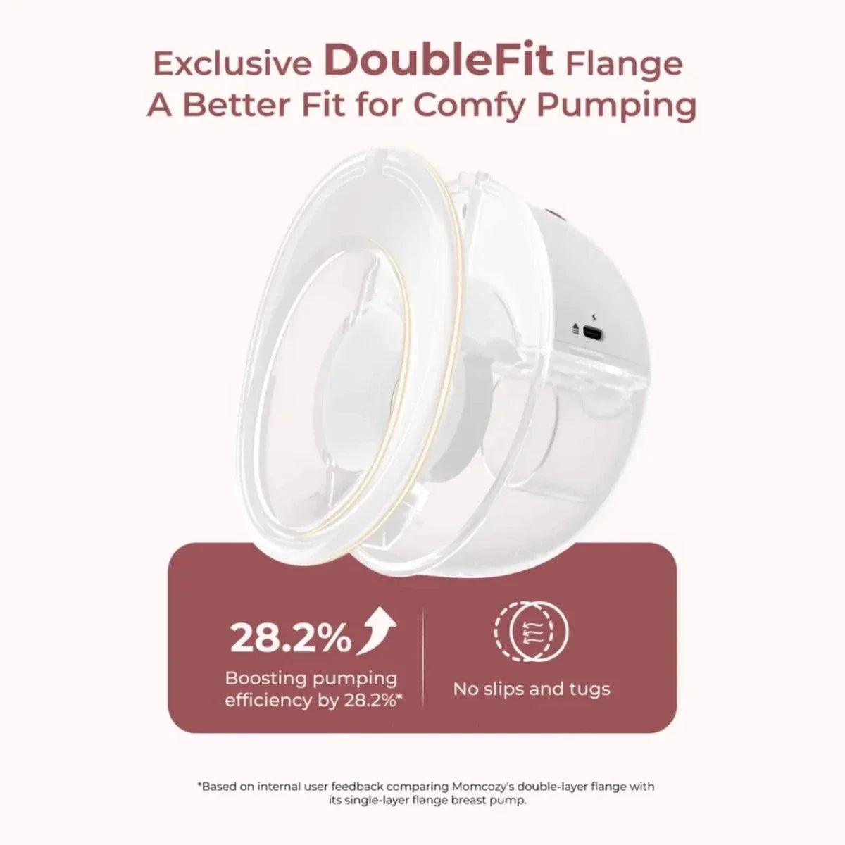 DoubleFit flange breast pump attachment with efficiency and fit graphic