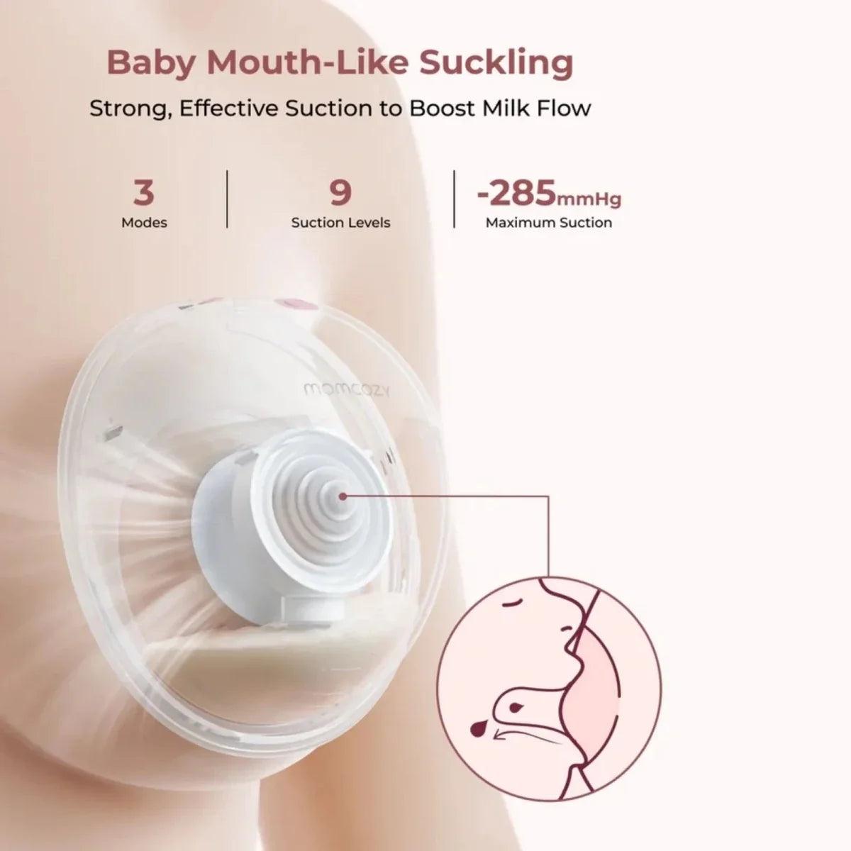 Wearable breast pump showing modes, suction levels, and milk-flow suction detail