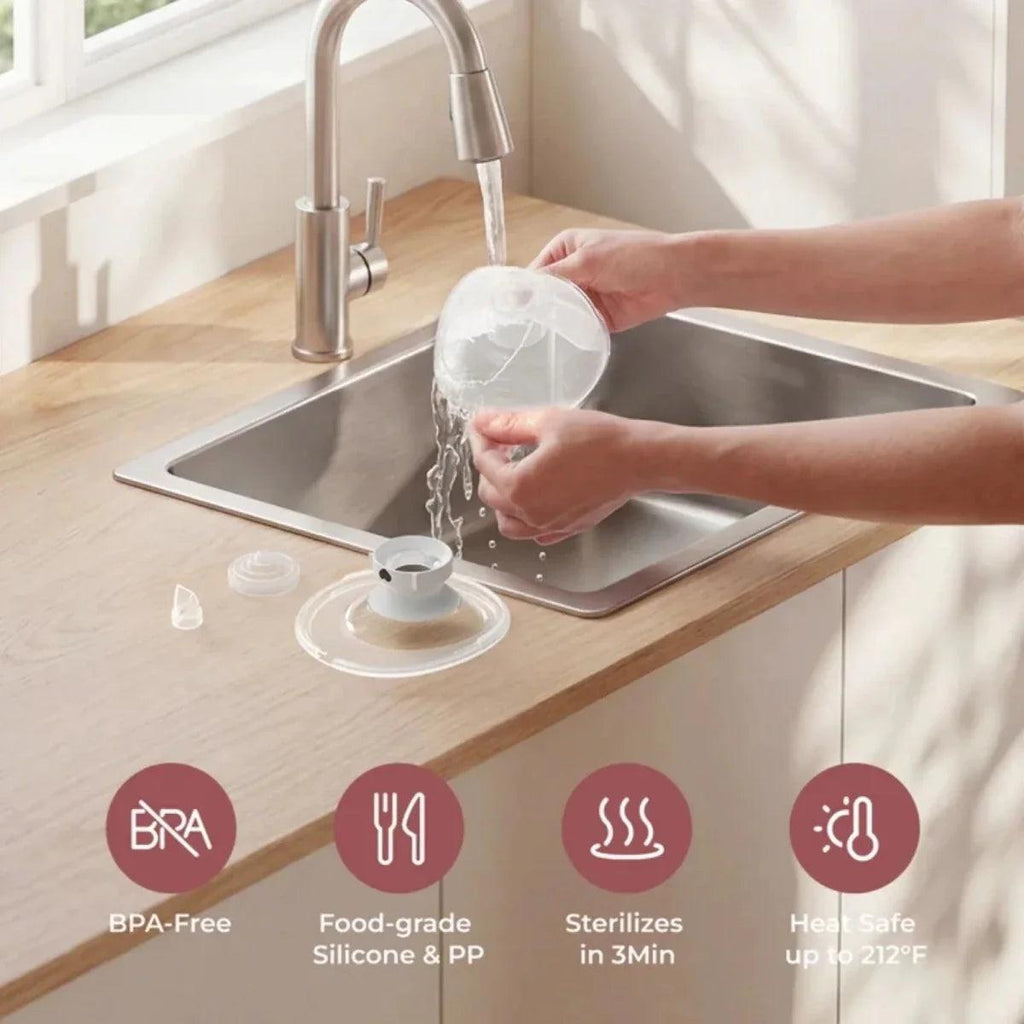 Wearable breast pump parts on counter with BPA-free accessories for cleaning