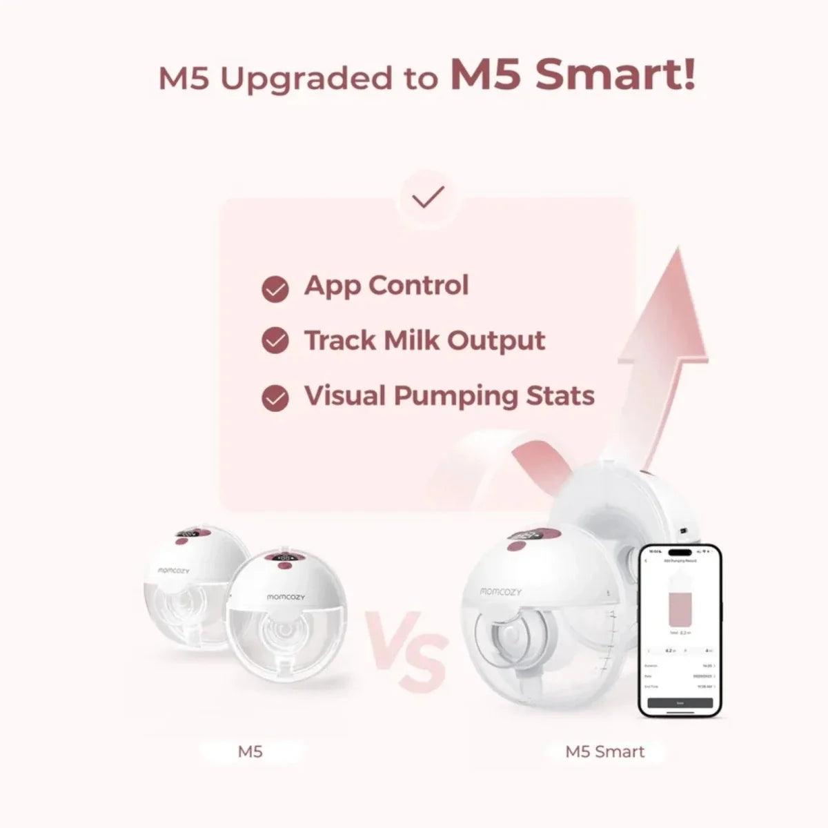 M5 Smart wearable breast pump system with app control, stats, and phone display