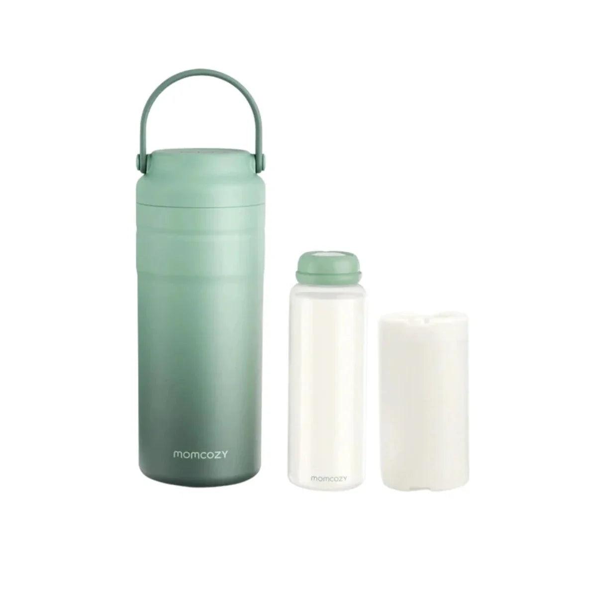 Mint-green breast milk cooler thermos with carry handle and two white storage bottles