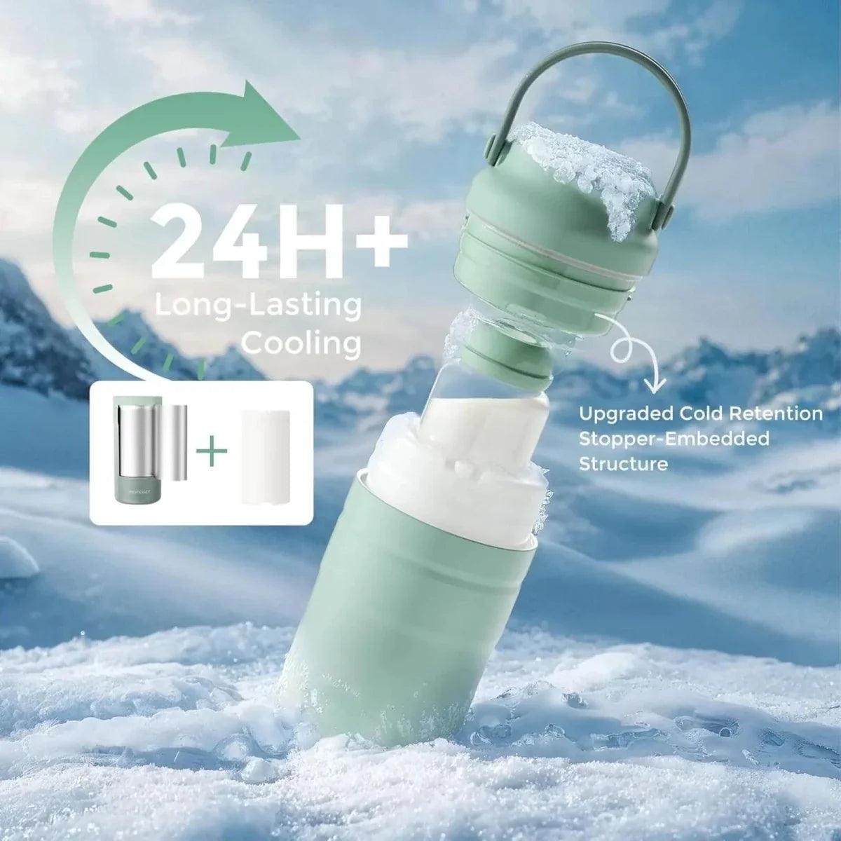 Breast milk cooler thermos with cooling stopper on top; mint green bottle