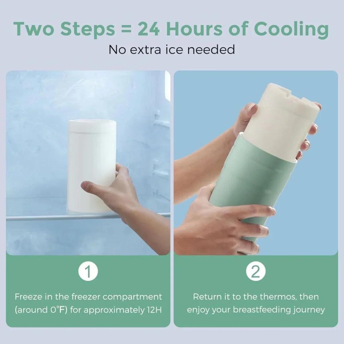 Portable breast milk cooler bottle, mint green with white lid; held in hand