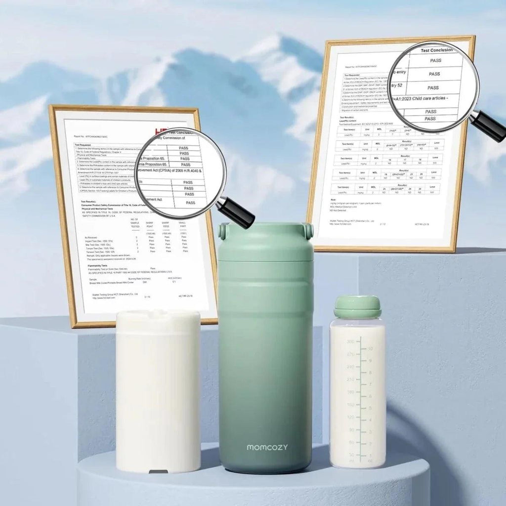 Breast milk cooler set with mint thermos and white measuring bottles on display