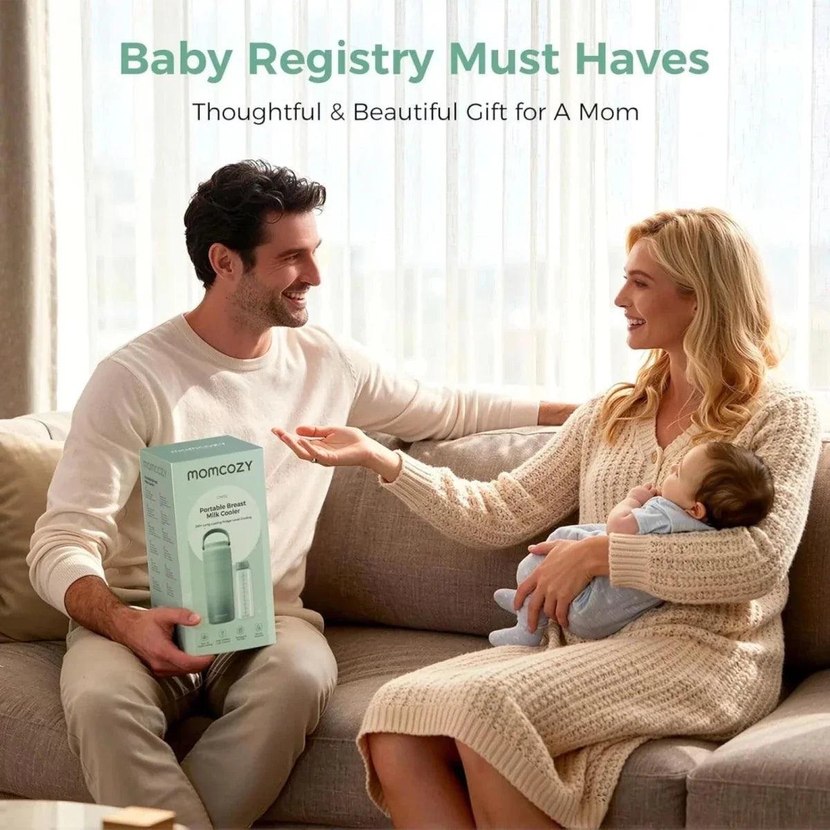 Breast milk cooler gift box held by a couple on a couch