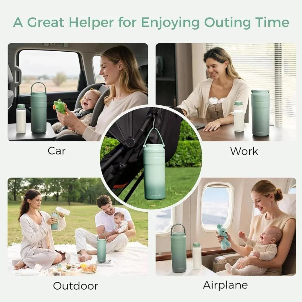 Portable breast milk cooler for travel, mint thermos and bottles shown outdoors and on airplane