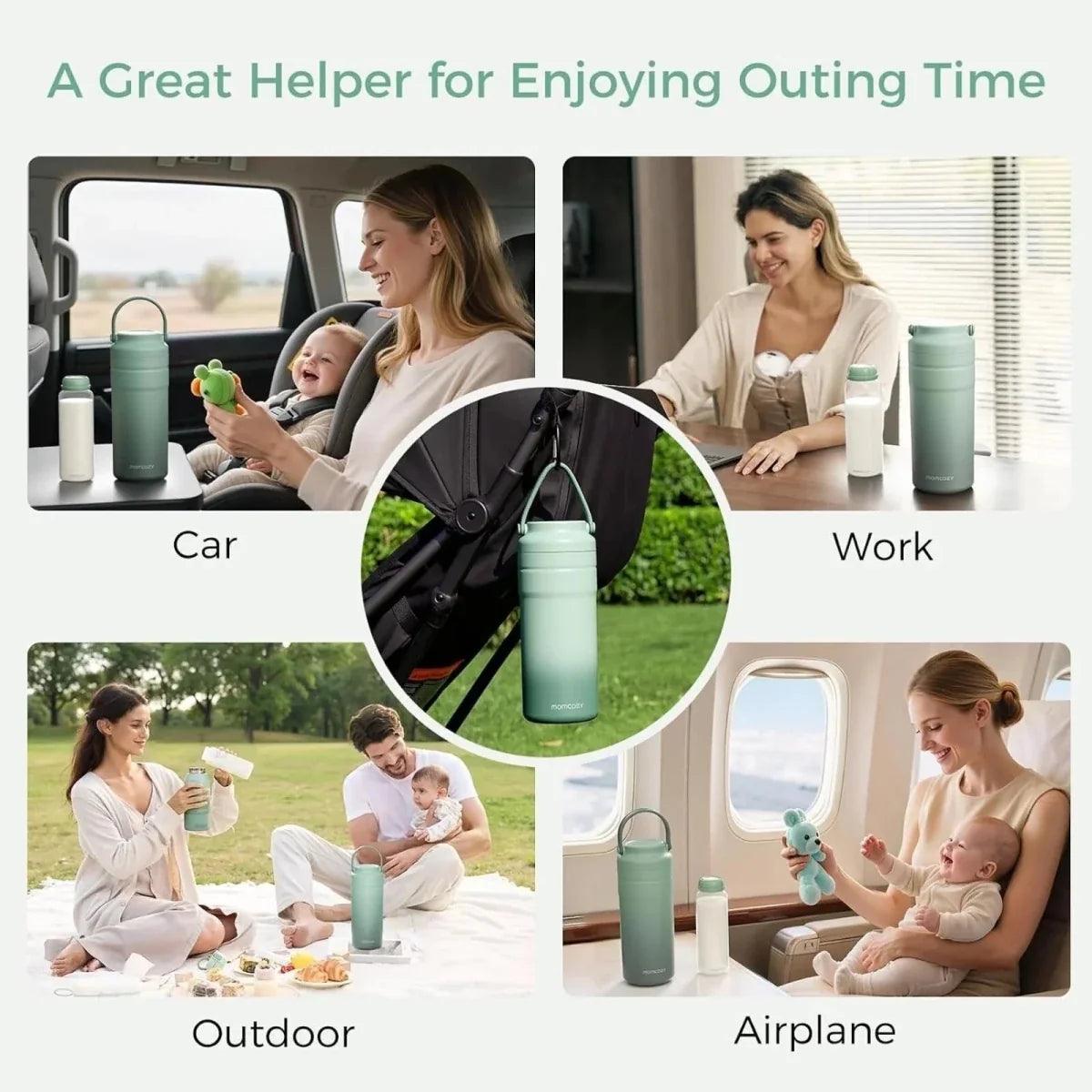 Portable breast milk cooler for travel, mint thermos and bottles shown outdoors and on airplane