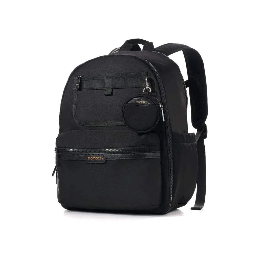 Momcozy GoEase changing bag in black, front zip pockets and round logo badge