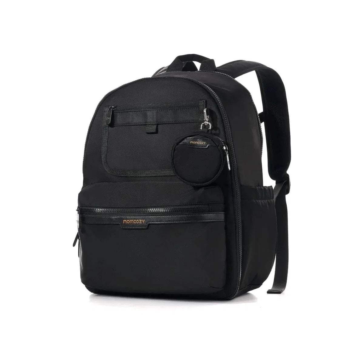Momcozy GoEase changing bag in black, front zip pockets and round logo badge