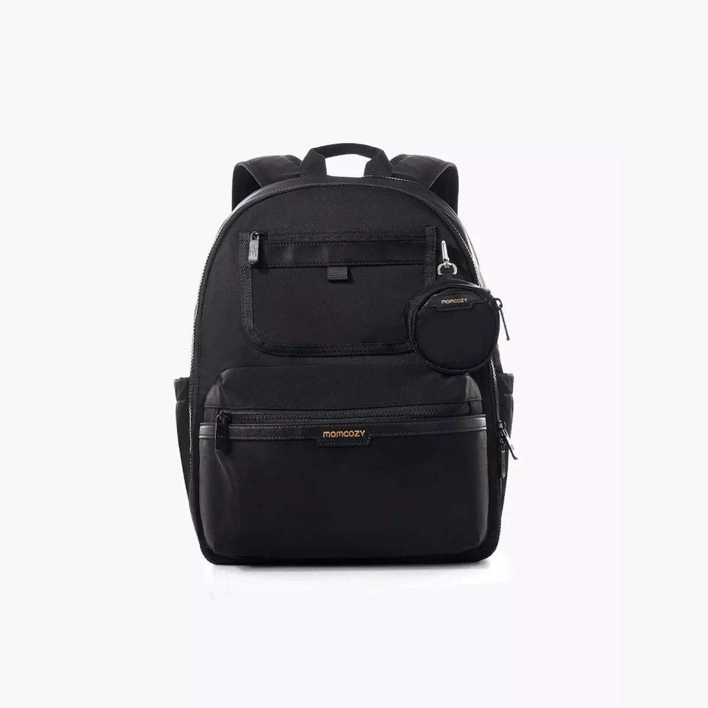 Black changing backpack with top handle, front organizer panel and zip compartment