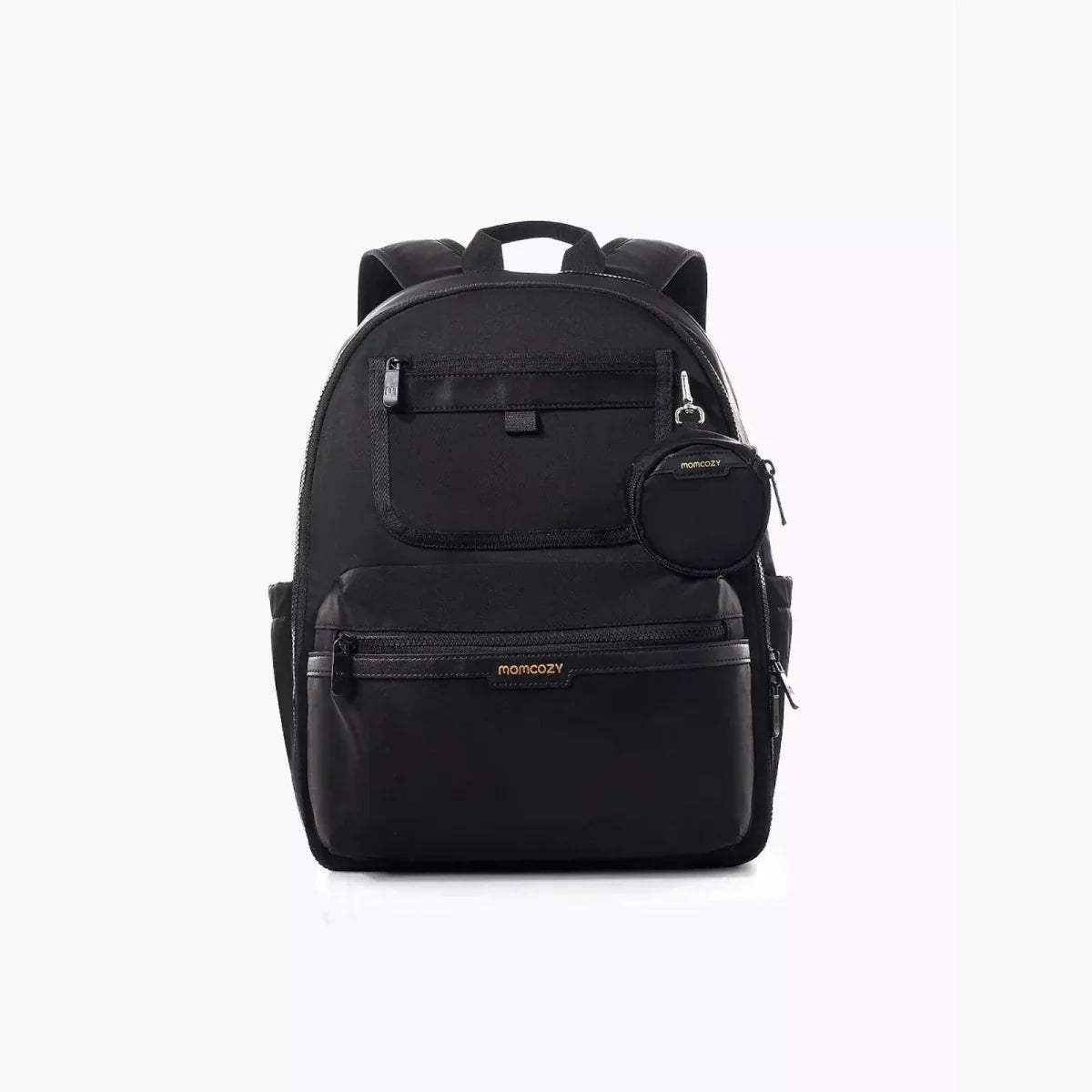 Black changing backpack with top handle, front organizer panel and zip compartment