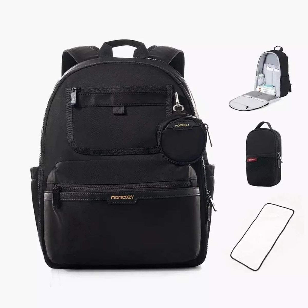 Black changing backpack with front flap pocket, large bottom compartment, and side zips