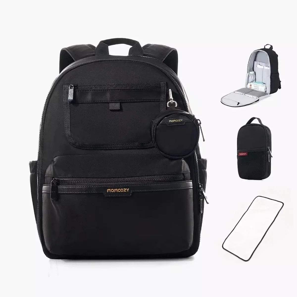 Black changing backpack with front flap pocket, large bottom compartment, and side zips
