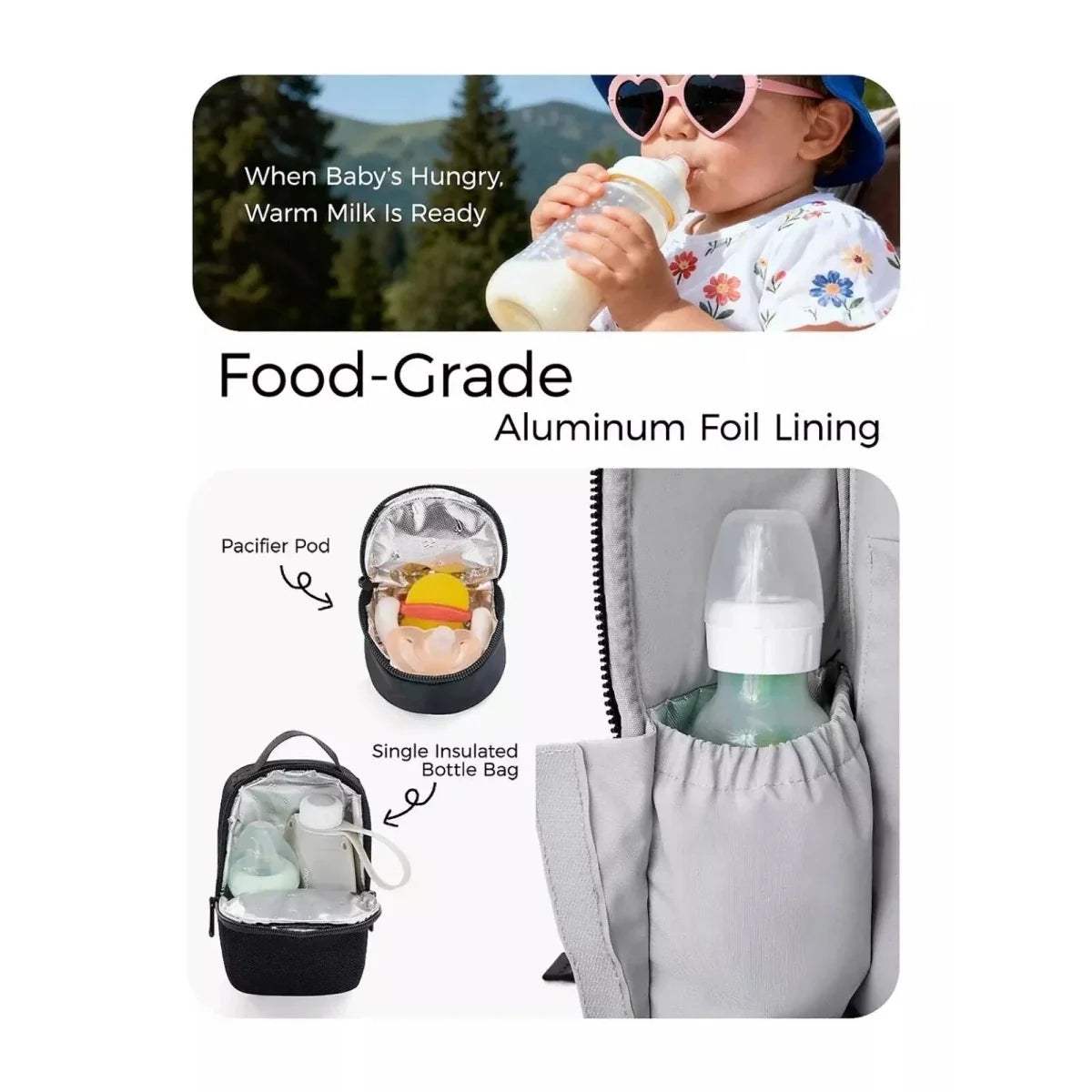 Black insulated changing bag with foil-lined compartment and bottle pocket