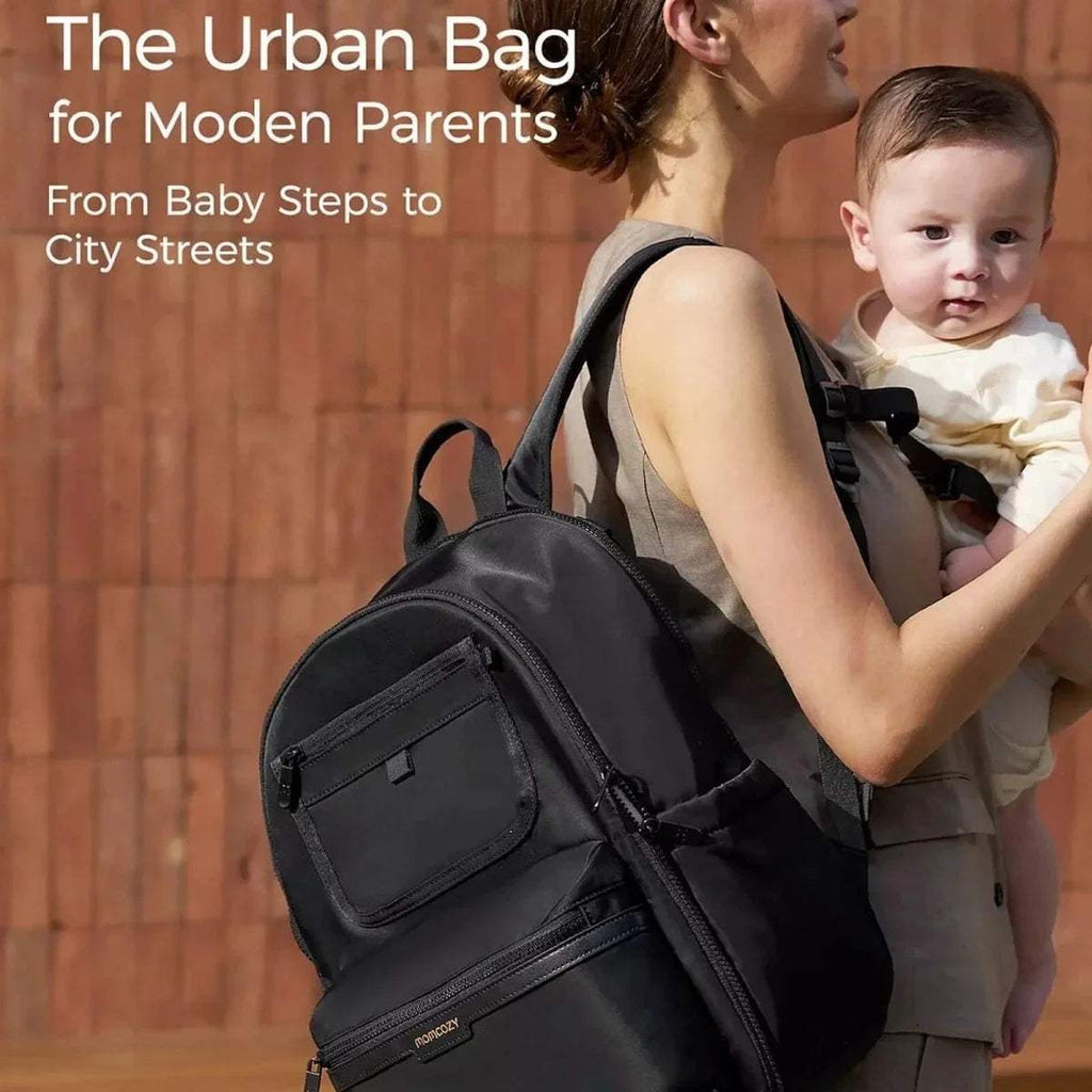 Black changing backpack with front organizer pocket and adjustable shoulder straps