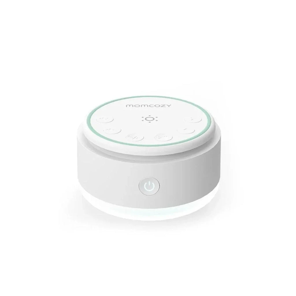 Momcozy white noise machine, round white base with mint control ring and buttons