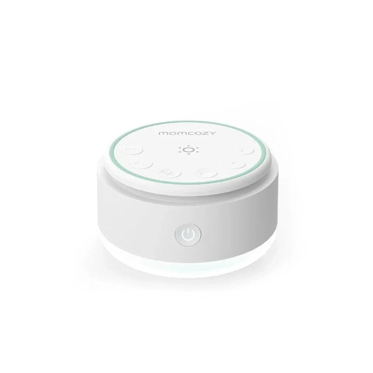 Momcozy white noise machine, round white base with mint control ring and buttons