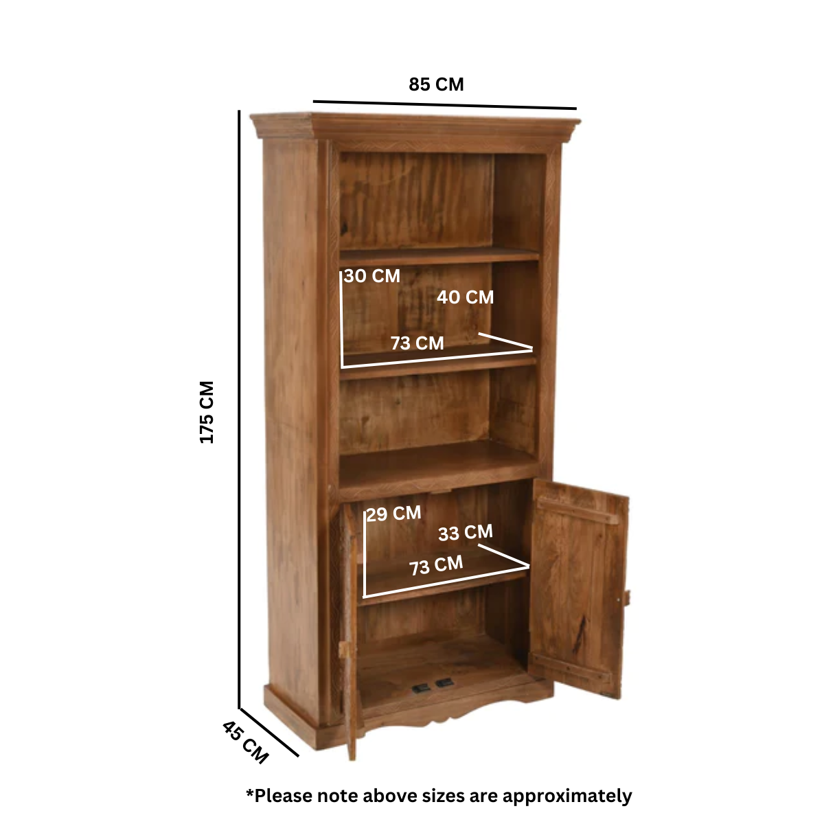 Carved Mango Wood Large Corner Bookcase   3 Shelving & 1 Door