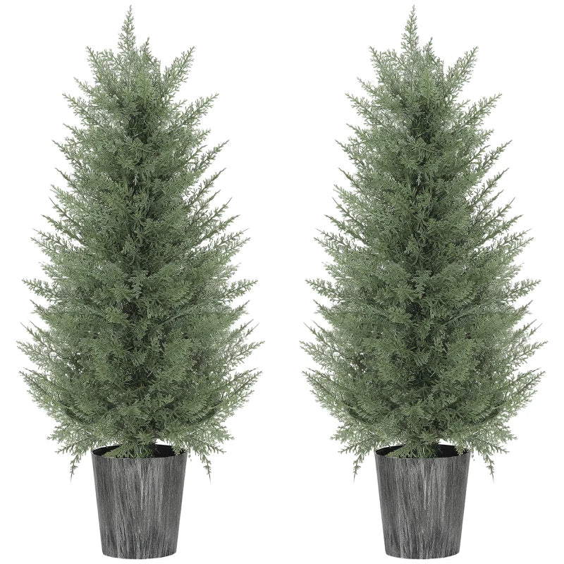 Set of 2 artificial cypress trees in gray textured pots, green foliage
