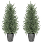 Set of 2 artificial cypress trees in gray textured pots, green foliage