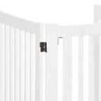 White dog gate latch hinge detail between two vertical bar panels