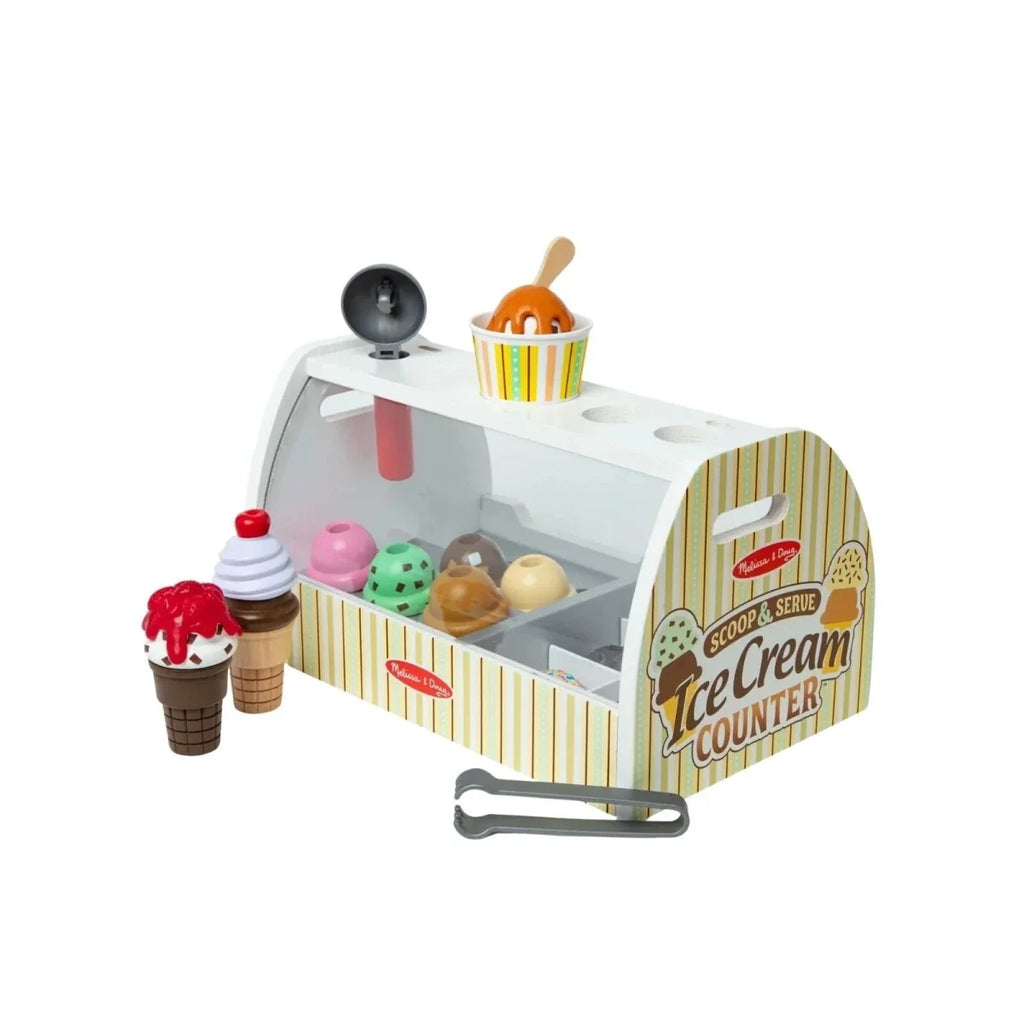 Wooden ice cream counter play set with toy scoops, cones, and scoop tool