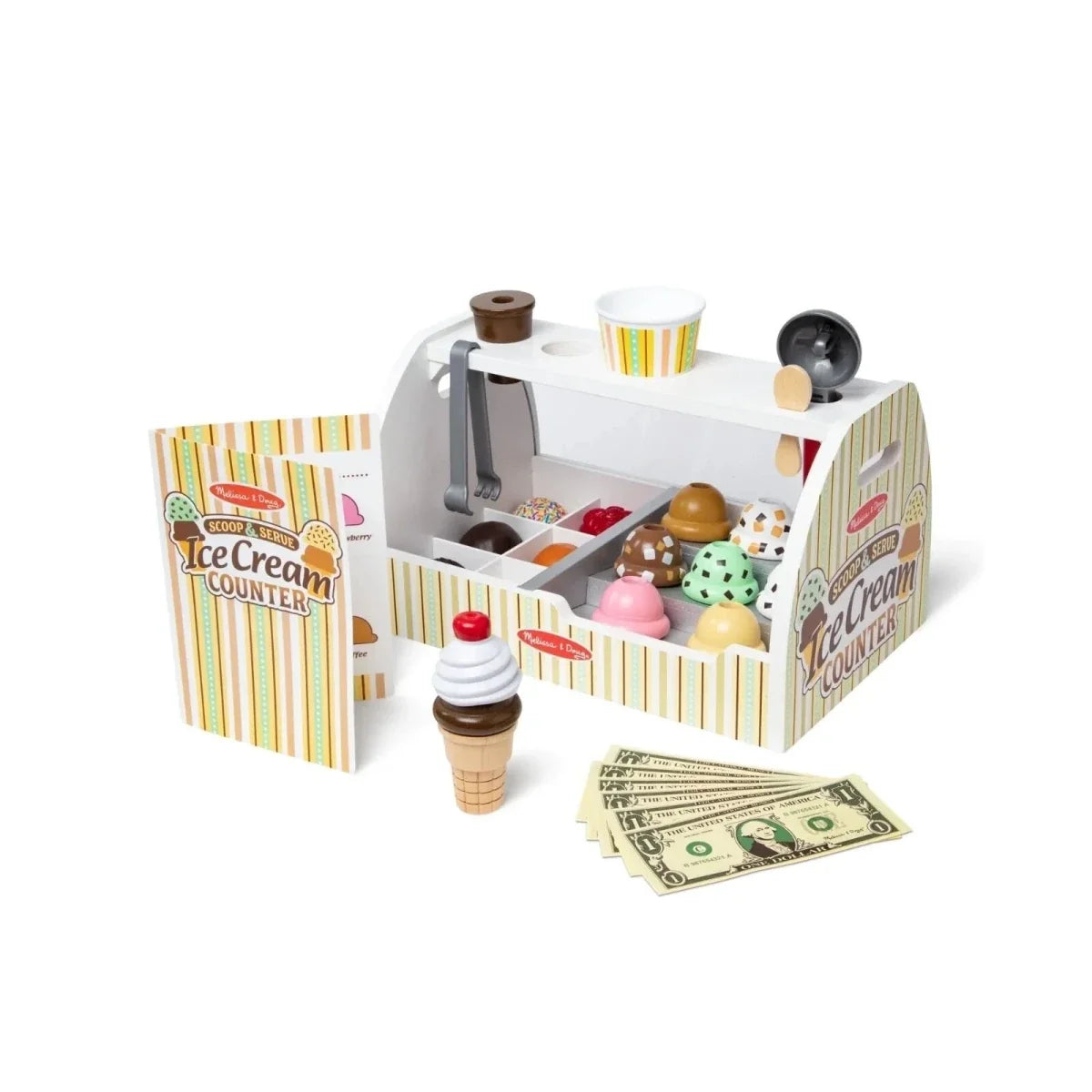 Wooden ice cream counter play set with open storage, cones, and toy scoops