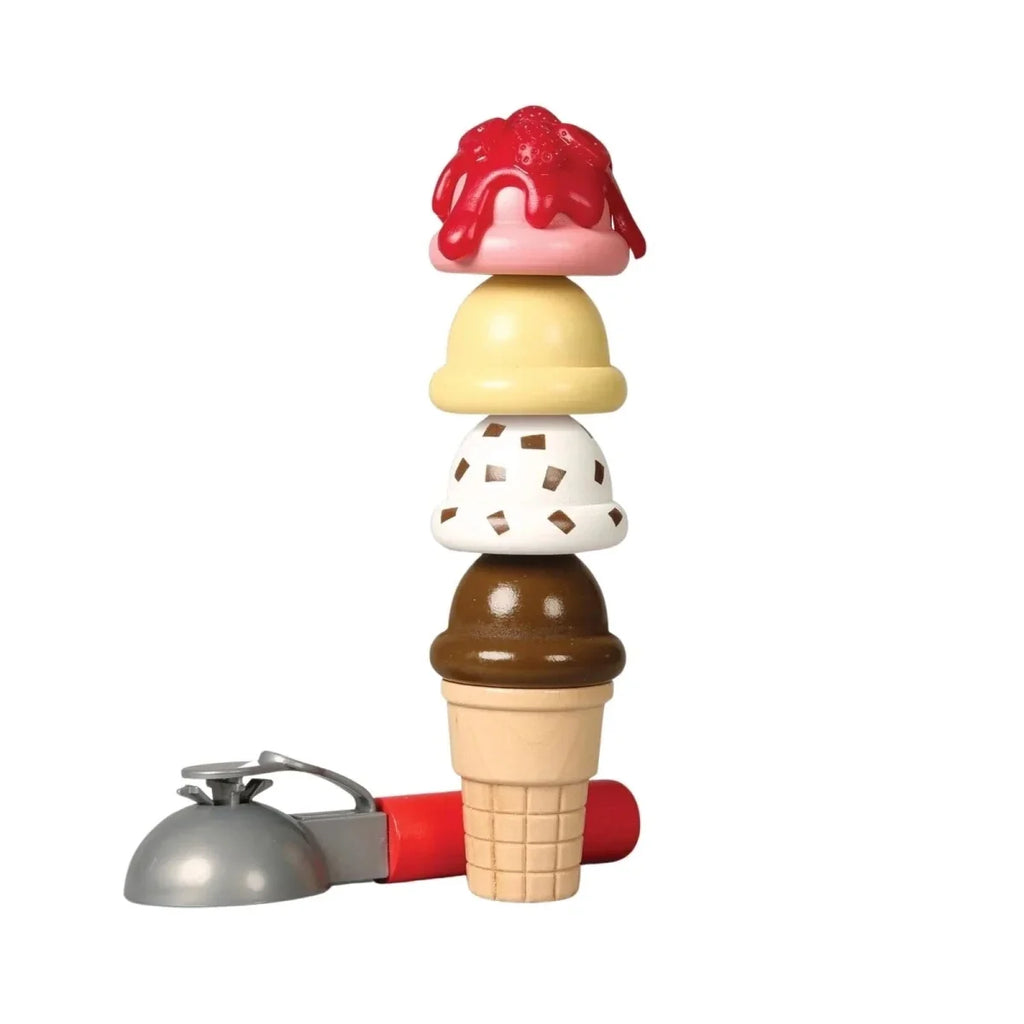 Toy ice cream cone with scoop and stand, plus small metal serving scoop