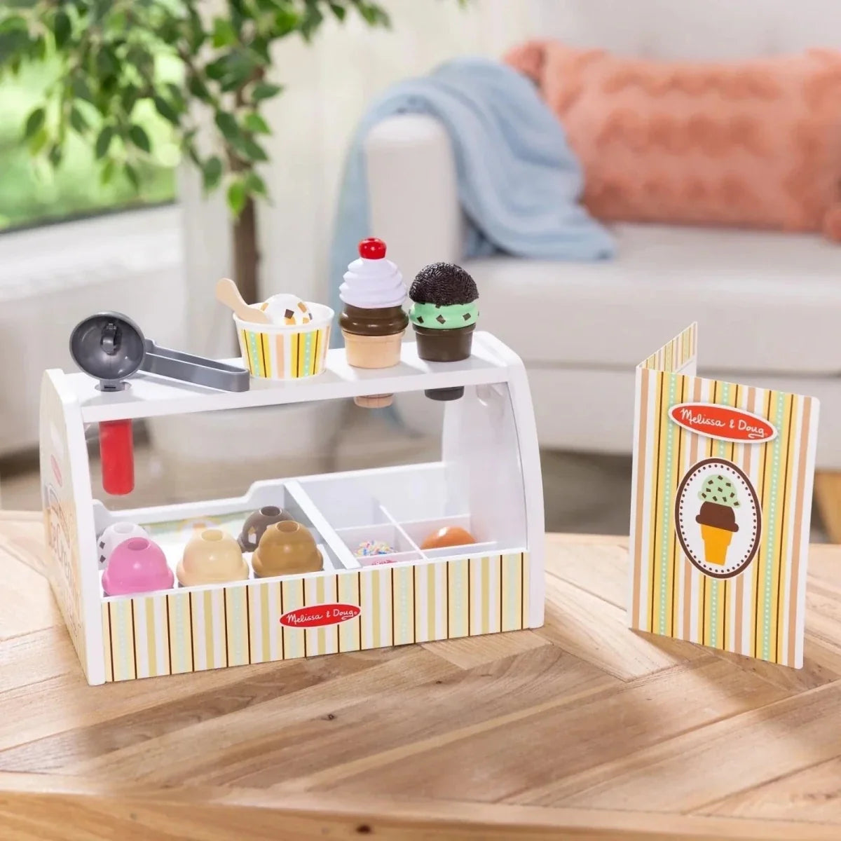 Wooden ice cream counter play set with display scoops and cones