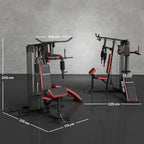Multi gym weight machine with red-and-black bench, push-up stand, and compact frame