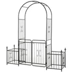 Black metal garden arbor arch with double doors and side fence panels, scrollwork accents