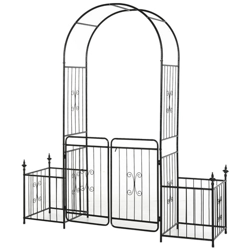 Black metal garden arbor arch with double doors and side fence panels, scrollwork accents