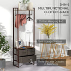 Compact clothes rack with hanging rod, two shelves, and grey storage drawers