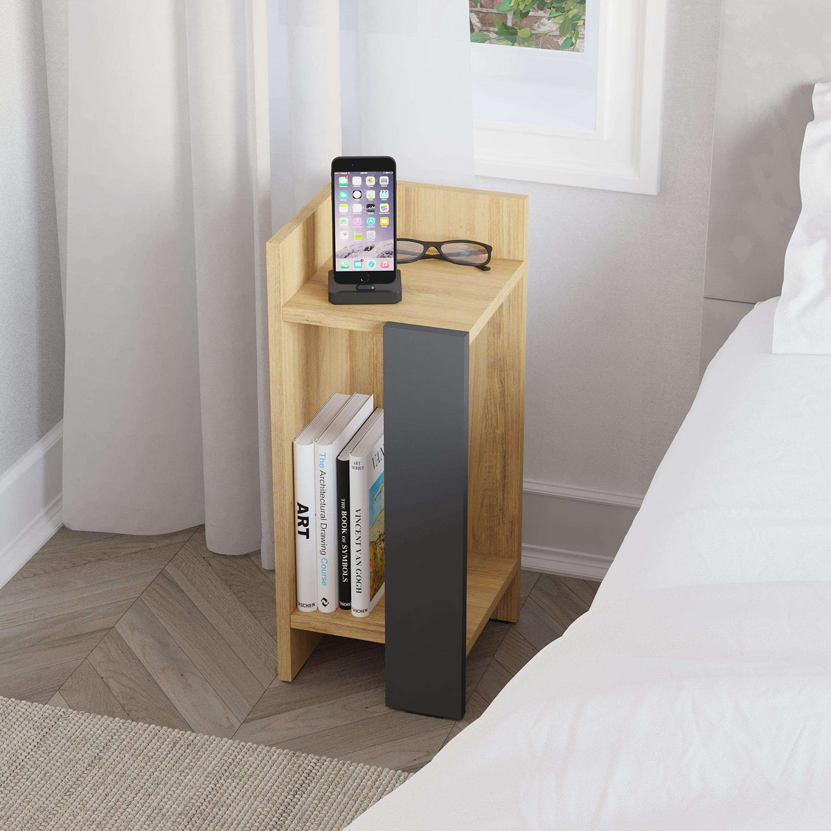 Narrow left bedside table module, oak frame with dark grey side panel