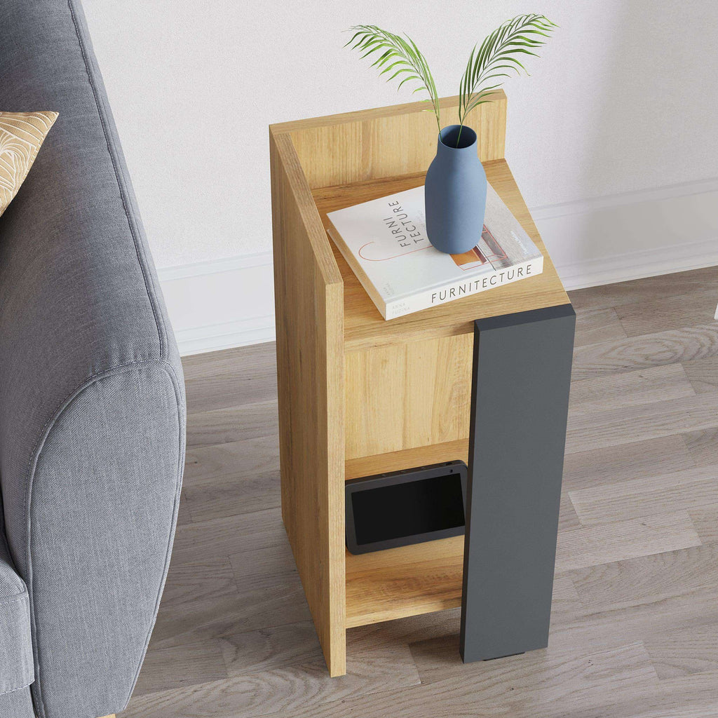 Oak-effect narrow bedside table module with open compartment and vase on top