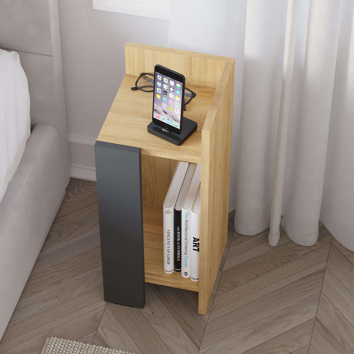 Light oak narrow bedside table with open top and shelf, dark side panel, 25cm