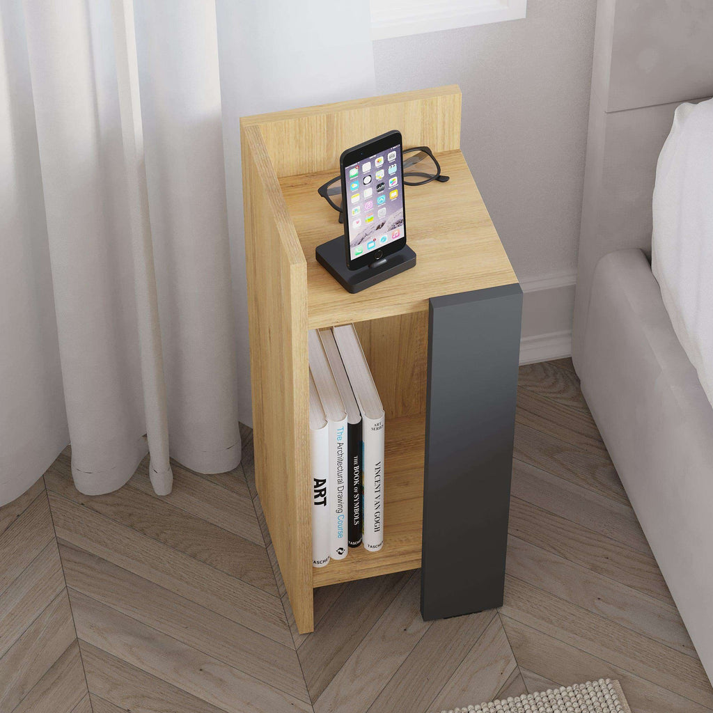 Narrow left bedside table module, light oak finish with dark grey side panel