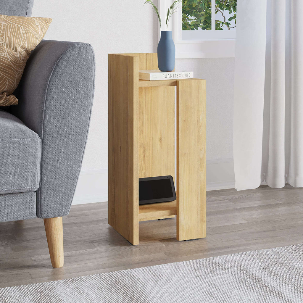 Narrow left bedside table module with top display shelf and open lower compartment, light wood