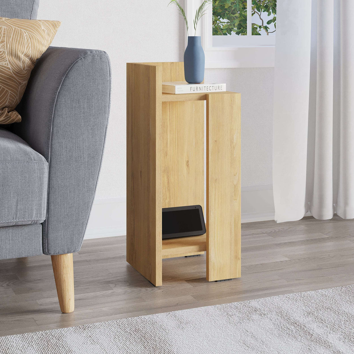 Narrow left bedside table module with top display shelf and open lower compartment, light wood