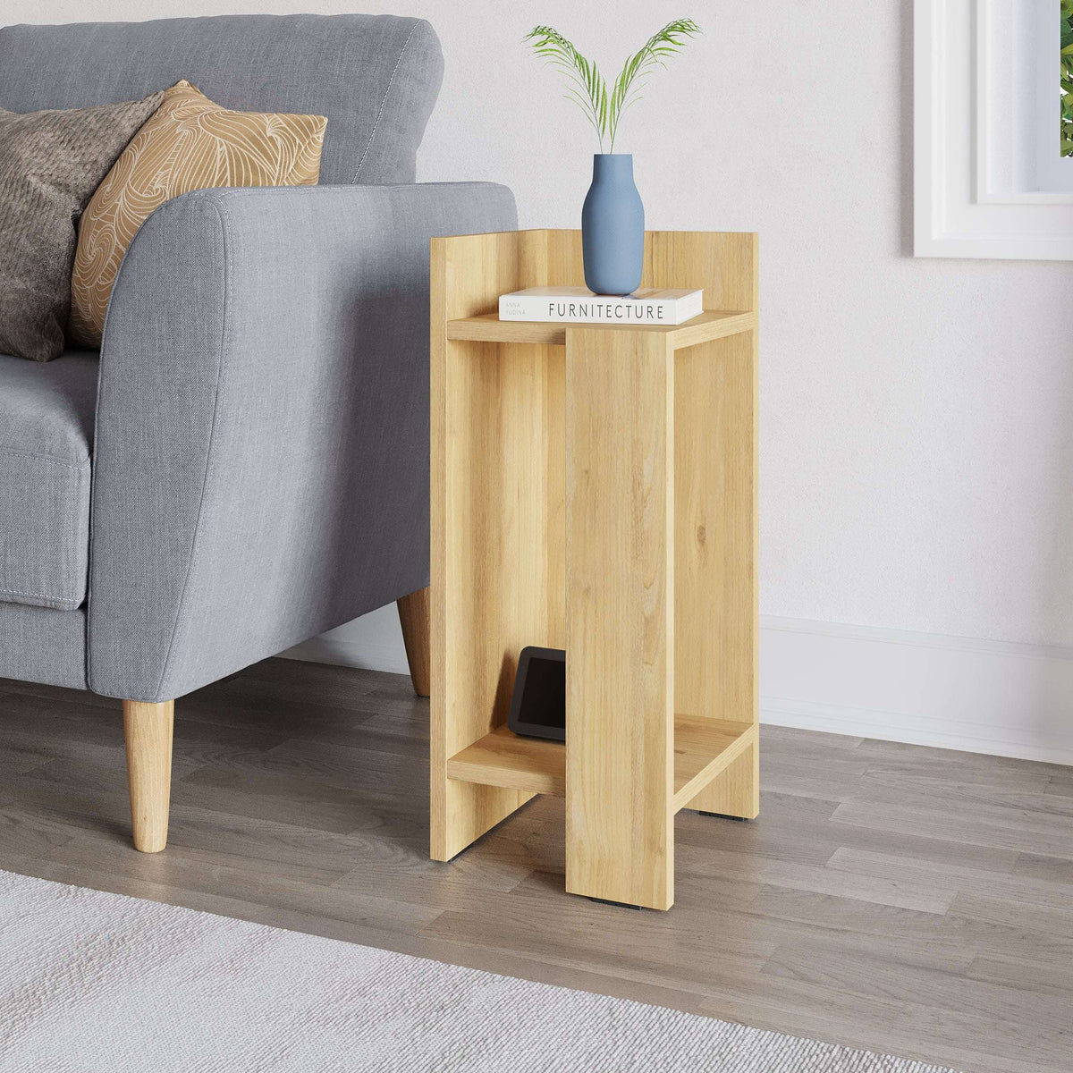 Narrow left bedside table module with open shelf and tablet niche, light wood finish