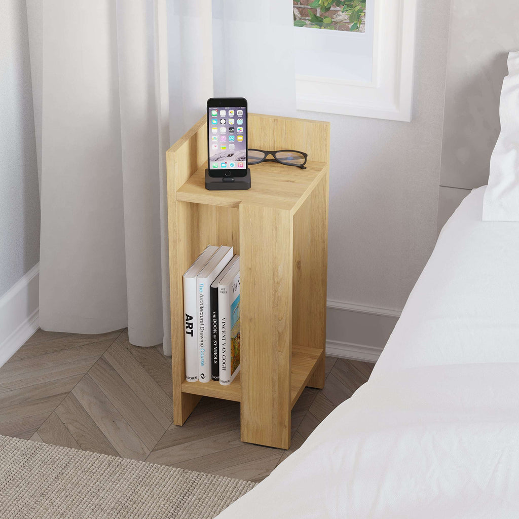 Narrow left bedside table module with top shelf and book space, light wood finish