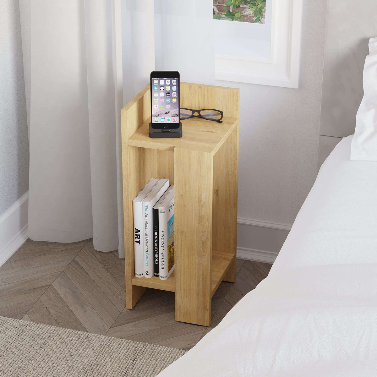 Narrow left bedside table module with top shelf and book space, light wood finish