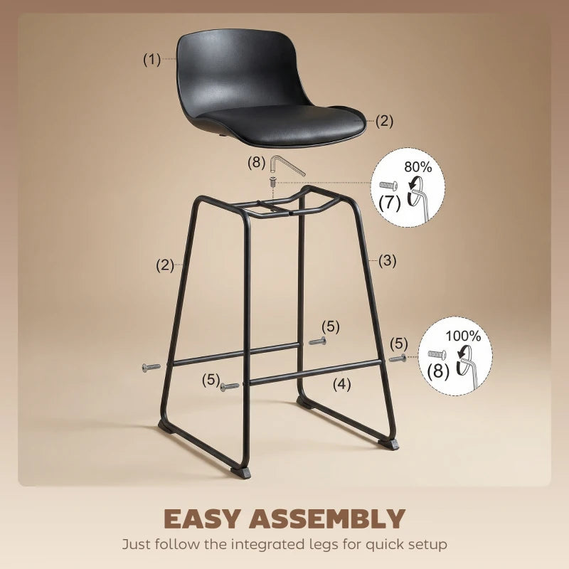 Black bar stools set of 2 showing metal frame and integrated leg assembly for quick setup